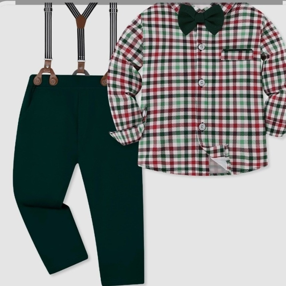 Boys‎ 4-Piece Plaid Shirt Pants Suspenders Bow Tie Set Green Red Holiday 4T 5T